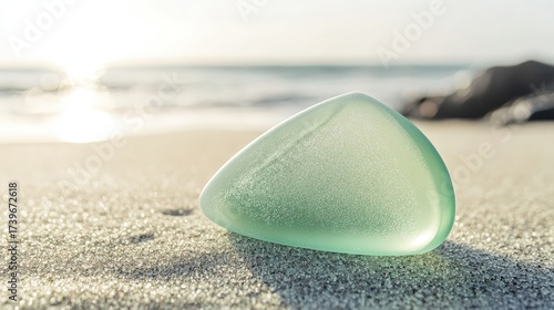 A minimalist perfume bottle resting on a sandy beach in sunlight