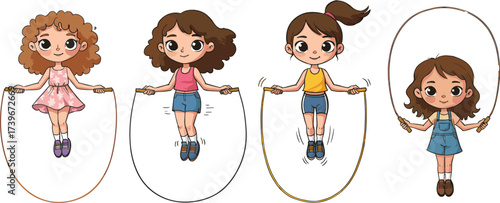 Cute cartoon girls jumping rope, children playing skipping game, happy kids exercise, outdoor activity illustration, playful childhood sports and fitness design
