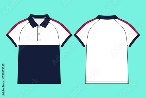 Sporty Colorblock Raglan Polo with Contrast Sleeve Stripe Technical Flat