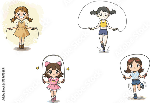 Cute cartoon girls skipping rope, children playing jump rope, happy kids exercise, outdoor activity illustration, fun childhood sports and fitness design