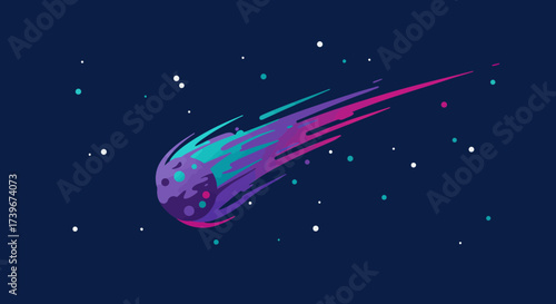 A colorful cartoon comet streaks across a dark blue starry space backdrop