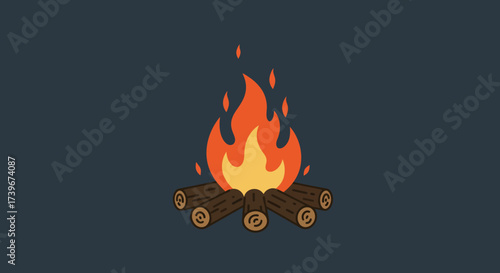 A cartoon campfire features logs and orange flames against a dark blue backdrop