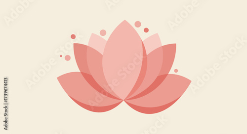 A stylized pink lotus flower with petal layers  scattered circles on a light beige background