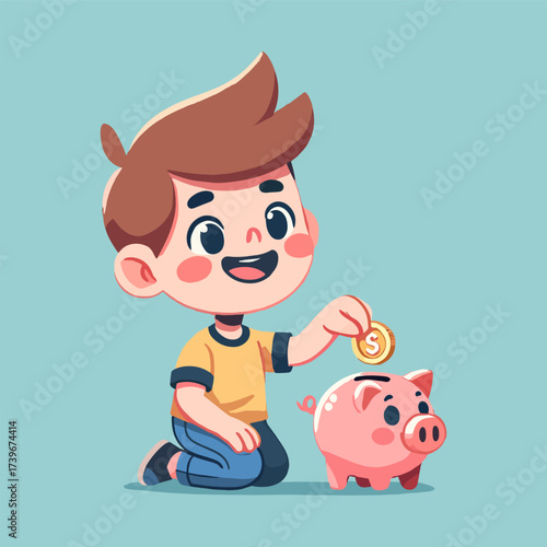 Illustration of a Cheerful Boy Investing a Gold Coin in a Pink Piggy Bank