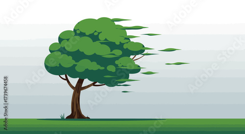 A stylized tree leans right buffeted by wind with leaves trailing