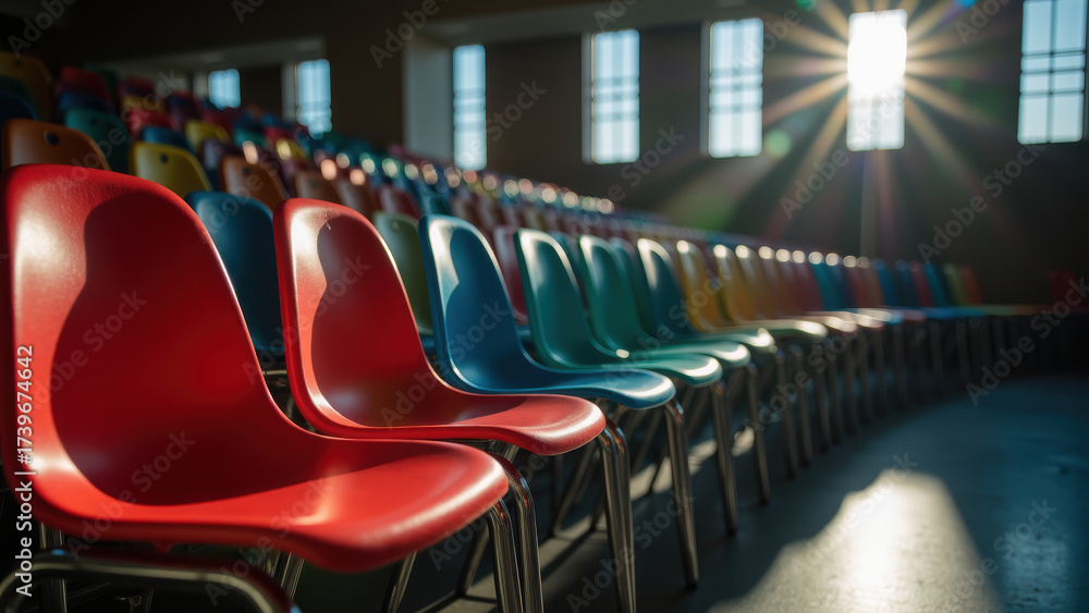 Fototapeta premium Vibrant chairs arranged in modern auditorium, showcasing spectrum of colors under warm sunlight. scene evokes sense of anticipation and creativity