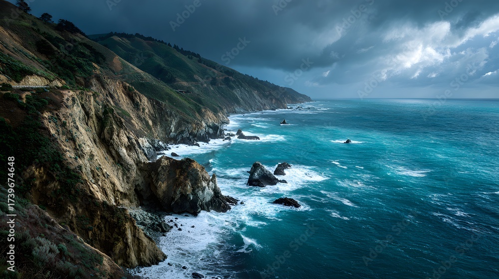 Obraz premium Dramatic coastal landscape captures the rugged beauty of a cliffside hugging the vast, turquoise ocean under a moody, overcast sky, with crashing waves and rocky formations.