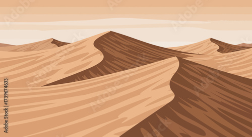 Brown desert scene with sand dunes under a light sky