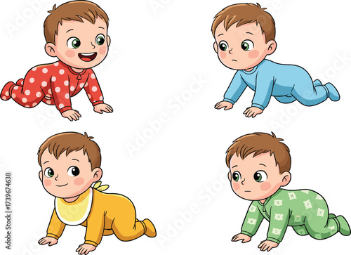 Cute crawling baby cartoon illustration, happy toddler in pajamas, infant character drawing, adorable child activity, childhood design, kids learning to crawl