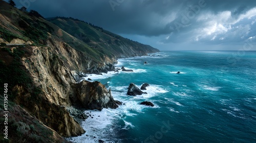 Dramatic coastal landscape captures the rugged beauty of a cliffside hugging the vast, turquoise ocean under a moody, overcast sky, with crashing waves and rocky formations.