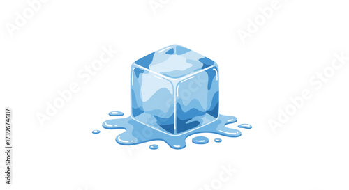 Cartoon ice cube melting on a white surface water puddling around it