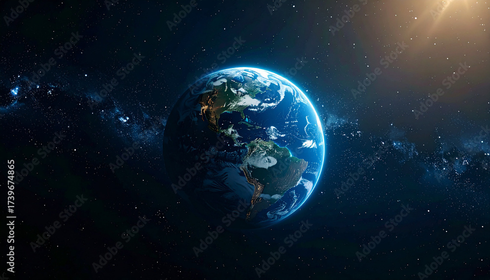 Naklejka premium 太陽光に照らされ半影に包まれた地球のリアルな宇宙シーン – Planet Earth Illuminated by Sunlight, Half in Shadow