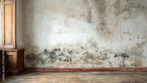Interior shot of a deteriorated wall with mold, alongside a wooden window frame and flooring