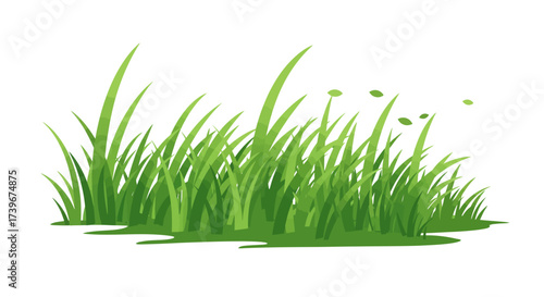 Green grass clump with varying blade heights some bent in wind with floating leaves on a white background
