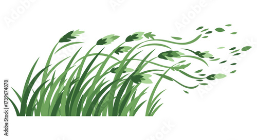 Green grass and leaves bend in a gust of wind across a white background