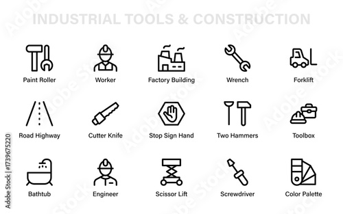 A professional industrial and construction icon set featuring toolbox, hammers, forklift, engineer, factory, paint roller, and essential maintenance tools.