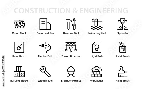 Modern construction and engineering essentials icon set featuring tools, buildings, vehicles, safety gear, and equipment for architecture, repair, and industry.