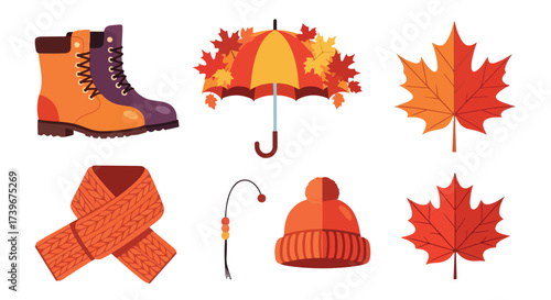 Autumn Collection Cozy Orange and Yellow Fall Elements Boots Umbrella Scarf Hat Maple Leaves