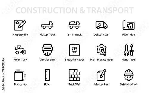 Modern construction and transport essentials icon set with vehicles, tools, safety gear, blueprints, and architecture symbols for design projects