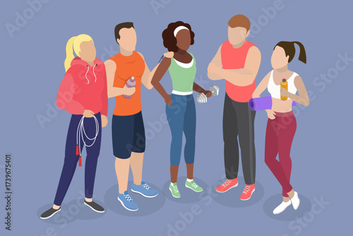 3D Isometric Flat Vector Illustration of Friends Workout Together, Excited People In Athletic Attire Pose In Gym With Fitness Gear