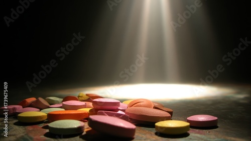 A pile of small brightly colored sugar coated candies