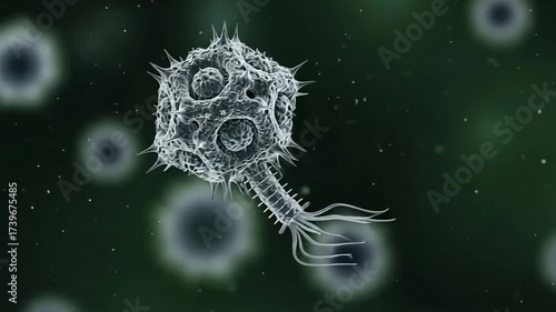 Eerie bacteriophage virus attacking cells in dark environment perfect for scientific research visuals and pandemic awareness campaigns