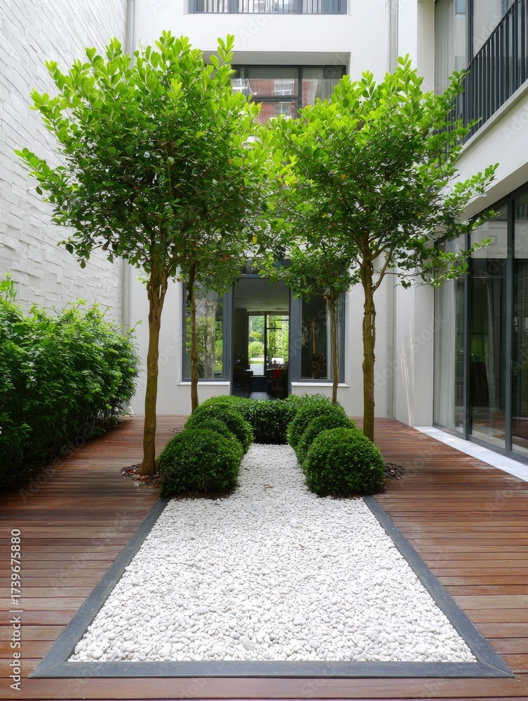 Obraz premium Interior courtyard with trees, shrubbery, gravel path, wooden deck, and modern building