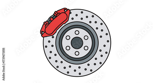 Detailed vector illustration of car brake rotor with red caliper isolated on white