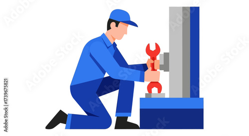 Focused mechanic with wrench maintaining heavy industrial machinery with precision process