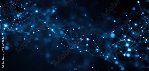 Abstract digital illustration of interconnected glowing points and lines against a dark blue backdrop