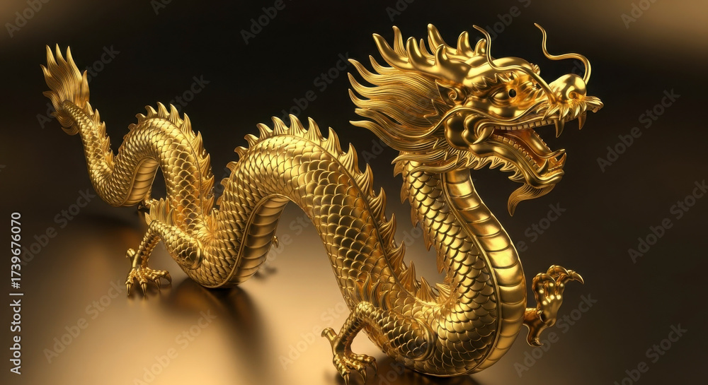 Fototapeta premium Majestic Golden Dragon Sculpture Intricate Scale Detail