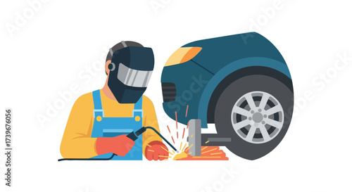 Welder repairing automotive body with arc welding equipment in protection gear vector illustration