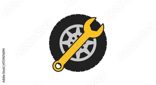 A graphic icon illustration of a yellow wrench superimposed over a car tire ideal for mechanics
