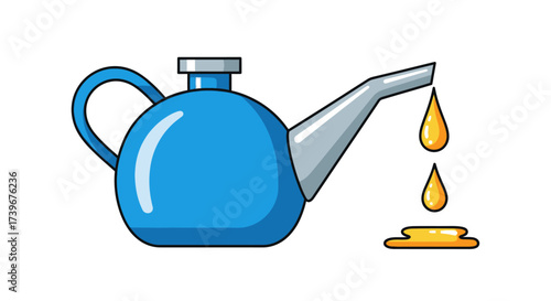 Cartoon style oil can graphic illustration with dripping golden liquid on a white background