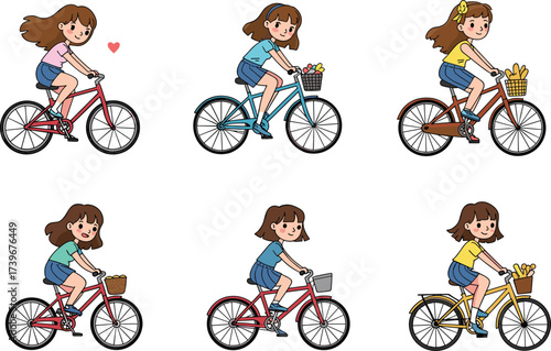 Cute girls riding bicycles, outdoor cycling activity, healthy lifestyle, eco friendly transport, summer leisure, fitness exercise, playful illustration, modern cartoon design