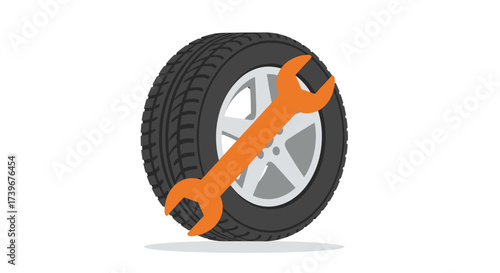 Illustrative icon of a car wheel with an orange wrench emphasizing auto repair and service graphic