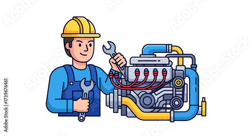 Professional mechanic expertly repairing a complex engine, showcasing skill and precision within