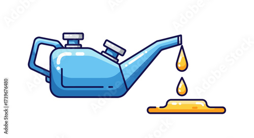 Stylized blue oil can with golden droplets and spill depicting automotive maintenance and