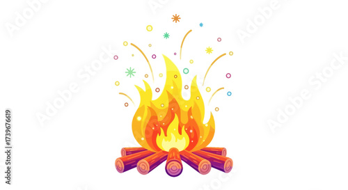 Stylized campfire illustration with vibrant flames and decorative sparks for events