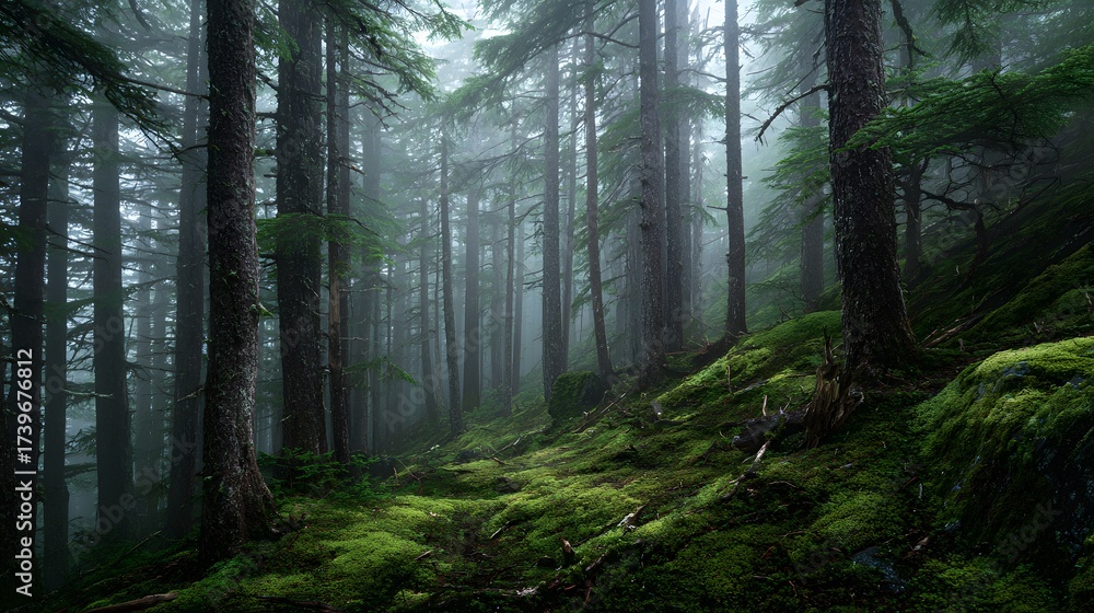 Fototapeta premium Serene forest landscape featuring a moss-covered forest floor with lush greenery, tall trees shrouded in mist, creating an atmospheric and tranquil scene.