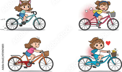 Cute girls riding bicycles, playful cartoon cycling illustration, outdoor activity, summer lifestyle, healthy sport, eco transport, fitness exercise, fun children design