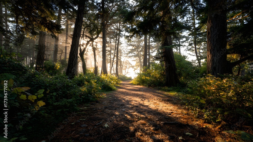 Fototapeta premium A sunlit forest path curves through tall trees, creating an inviting perspective with light filtering through the branches, illuminating a pathway and creating a serene outdoor atmosphere.