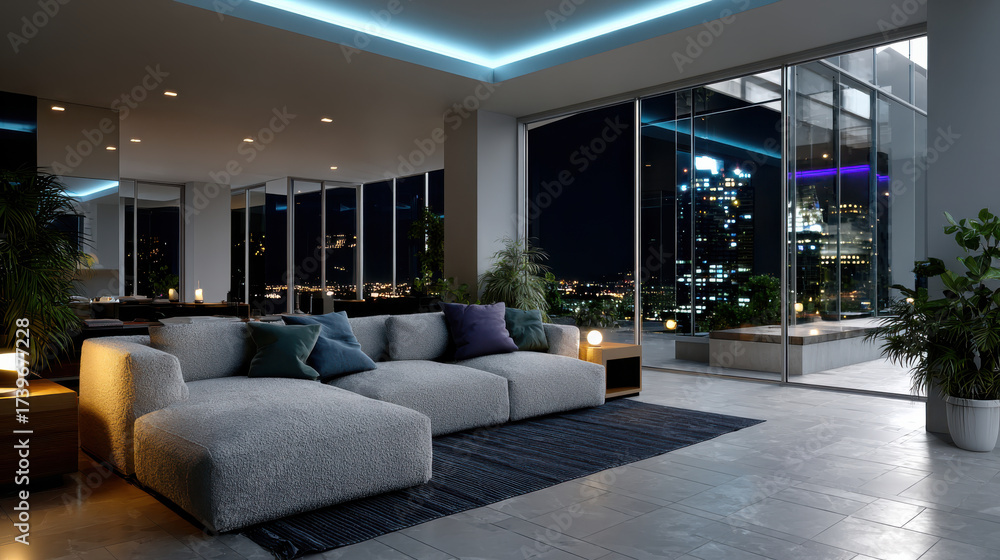 Fototapeta premium This striking modern living room features a spacious layout with trendy furnishings, large windows, and a stunning view of the city skyline illuminated at night.