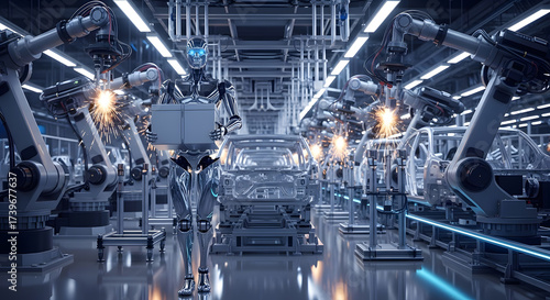 Automated automotive assembly line robots welding car frames, enhancing efficiency, and speeding production processes in the modern factory
