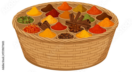 A basket filled with an array of colorful spices and aromatics neatly arranged in individual small bowls