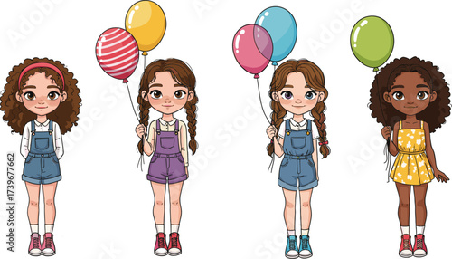Cute little girls holding colorful balloons, happy children in casual clothes, cartoon illustration, smiling kids, childhood celebration, playful characters, friendship, joy