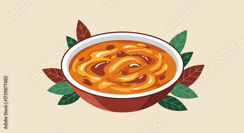 A bowl of beans surrounded by leaves on a plain background