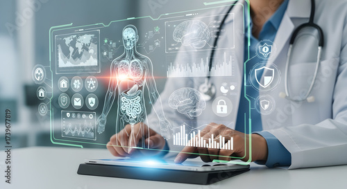 Medical professional analyzes digital health data on a tablet device, showcasing healthcare technology and diagnostic information for modern medical advancements
