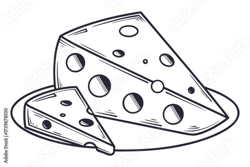 Cheese wedges with holes in a minimalist vector outline design