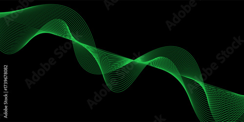 Abstract background with waves for banner. Standart poster size. Vector geometric background with lines. Element for design isolated on black. Black and green gradient. Brochure, booklet